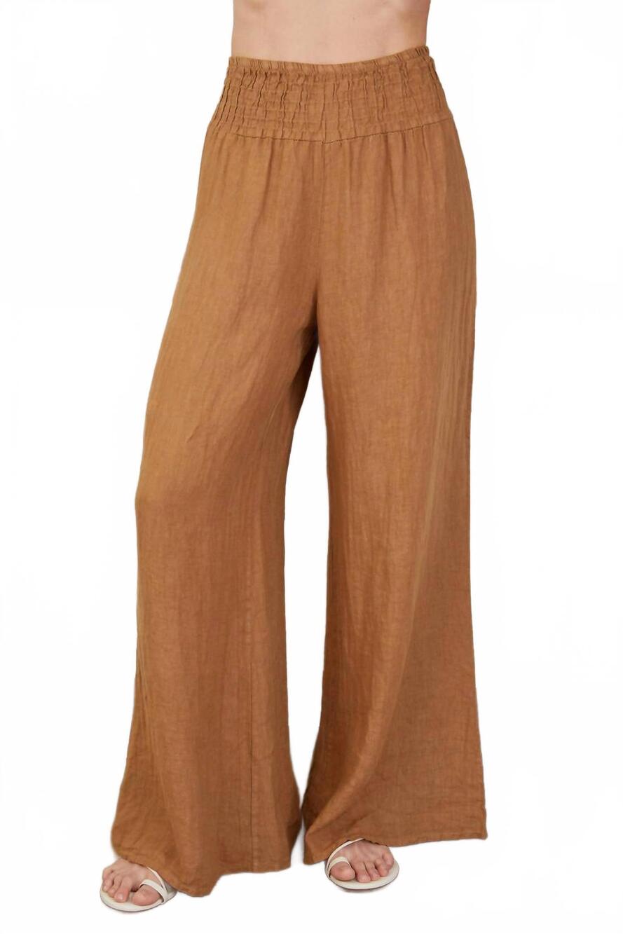 NEW MILIO MILANO solid linen smocked waist pants in camel
